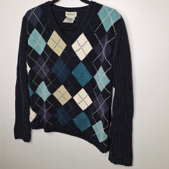 Vintage Y2K Argyle Chenille Sweater Women Large 12/14 Academia Preppy White Stag - Picture 7 of 8